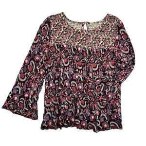 Lucky Brand Paisley Floral Print Smocked Blouse Medium Burgundy 3/4 Sleeve Top